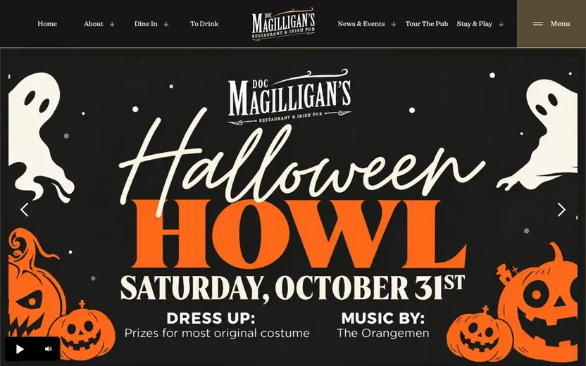 Doc Magilligan's homepage, dark nav with the pub's script logo over a seasonal event poster
