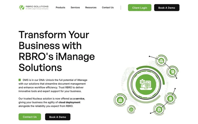 RBRO Solutions homepage, large black headline beside a green iManage diagram