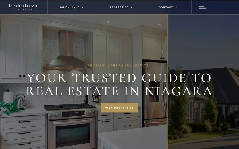 Rosalea Lobzun Real Estate homepage, serif headline over a bright kitchen and a stone house
