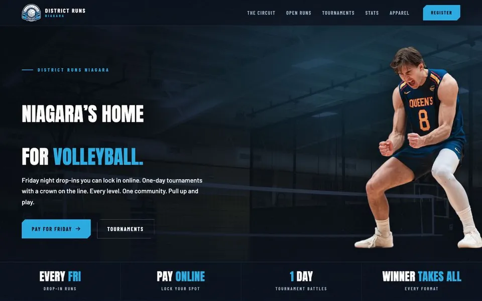 District Runs Niagara homepage, bold headline beside a celebrating volleyball player