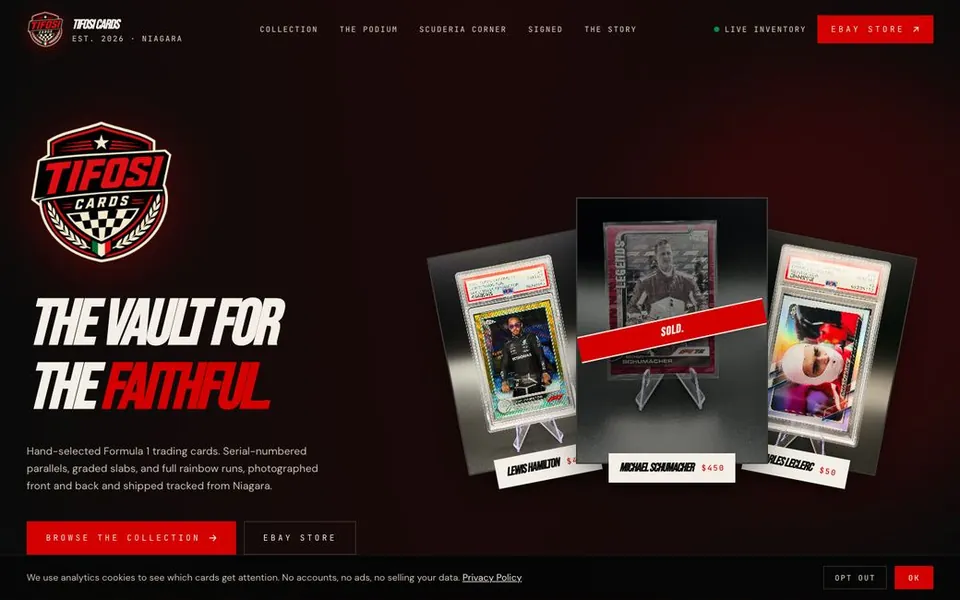 Tifosi Cards homepage, dark hero with racing crest and three graded Formula 1 cards